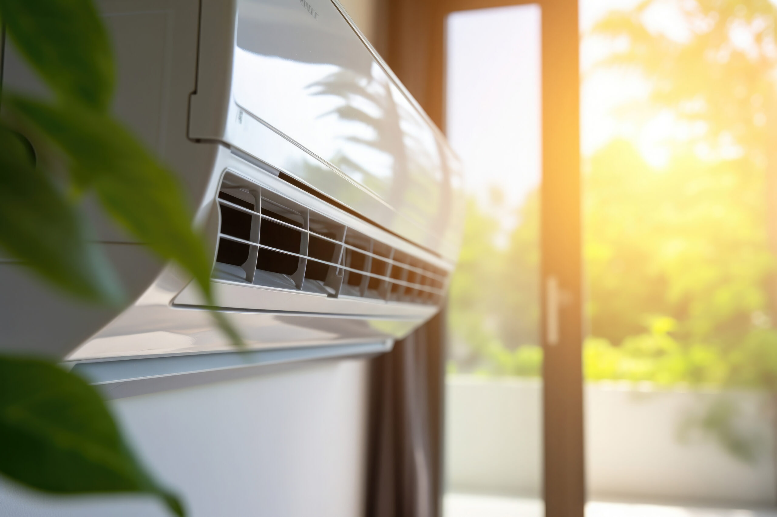 Air conditioner in living room, close up. Generative AI